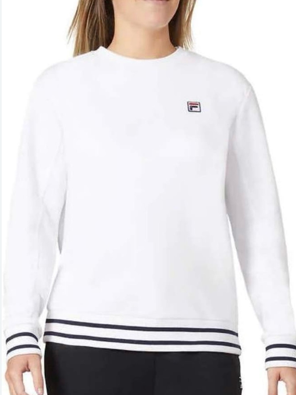 Fila White Crewneck Sweater with Navy Stripe Trim Size Small